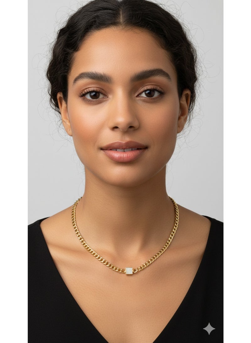 WARD Elegant Gold-Tone Stainless Steel Link Chain Necklace featuring a Sparkling Crystal Square Charm. - Image 4